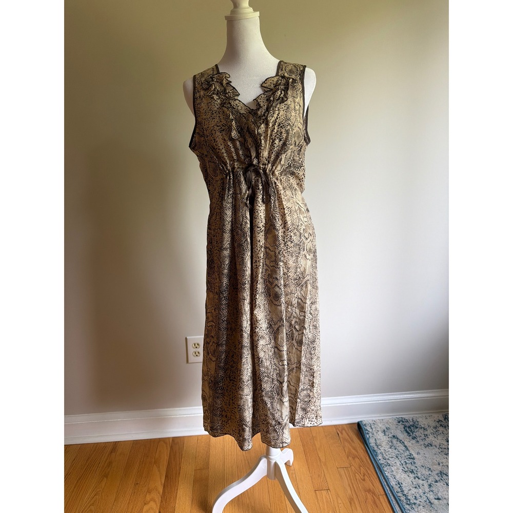 Gerard Darel 100% Silk Snakeskin Print Ruffle V-Neck Midi Dress Brown Neutral 40